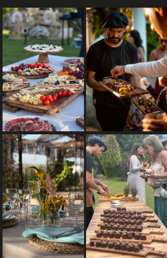 Platos del menú Boda al Fuego: tablas, asado y mesa servida