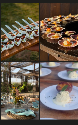 Platos del menú Menú Tradición: cócteles servidos y postres emplatados